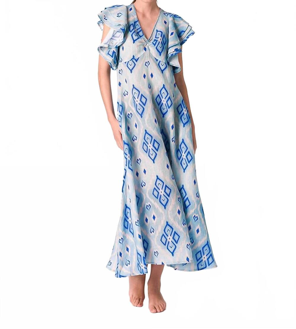 NEW NIMO WITH LOVE belladona ruffle dress in blue ikat